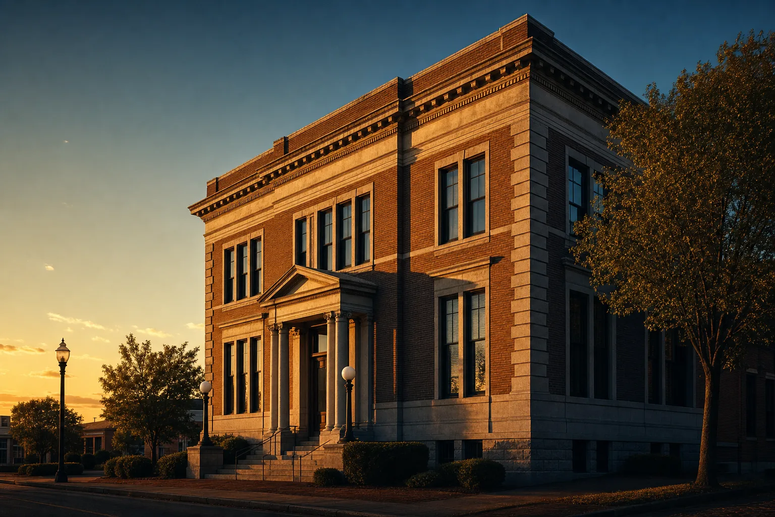 Stately Southern commercial building at golden hour